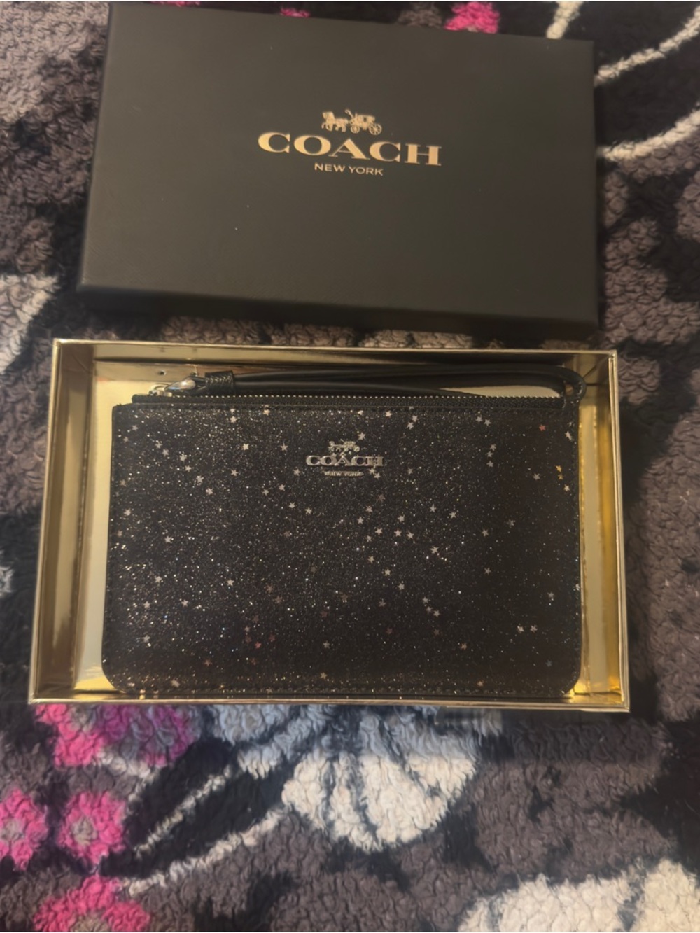 Coach Black Glitter Star Zip Wristlet